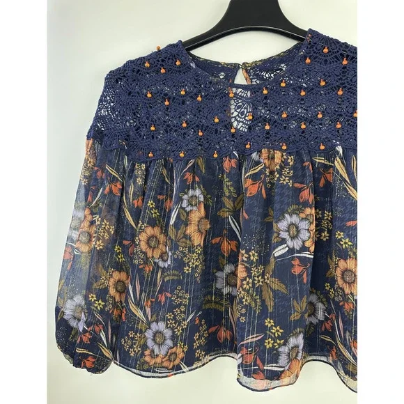 Anthropologie Mynahs Reynu Taandon Cristy Crotchet Beaded Blouse Boho Peasant XS - Picture 12 of 15